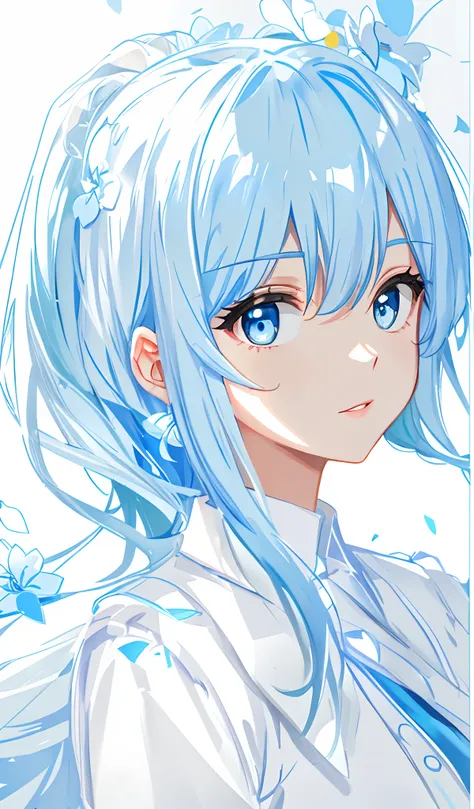 blue hairs，blue color eyes，Blue and white background