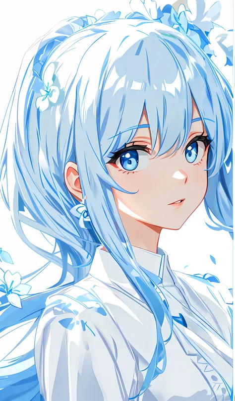 blue hairs，blue color eyes，Blue and white background