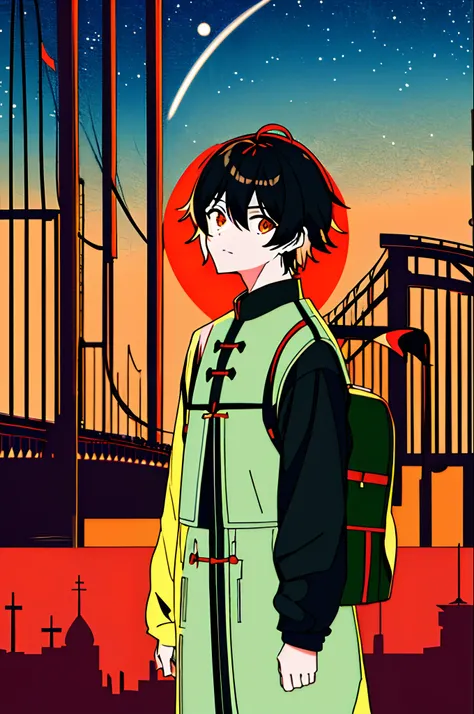 Masterpiece, Best quality, Flat color, limited palette, Low contrast, (清晰的线条), 1boys, Black color hair, Beautiful detailed face,Halo, Take your eyes off your backpack, Naked boy standing. Smoke, Night sky, City, Sunset, skyscrapper, bridge, road signs, Dep...