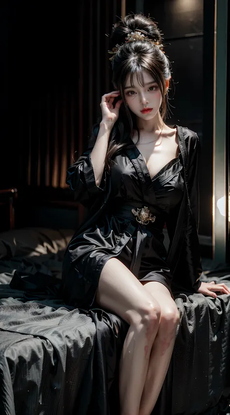 There was a woman sitting on a chair in a black dress, full-body xianxia, wearing black silk robe, wearing a black noble suit, elegant glamourous cosplay, wearing black silk robe, Japanese goddess, Silk, wearing dark silk robe, Anime girl cosplay, Wonderfu...