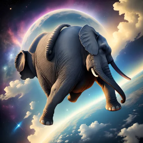 An elephant flying in space