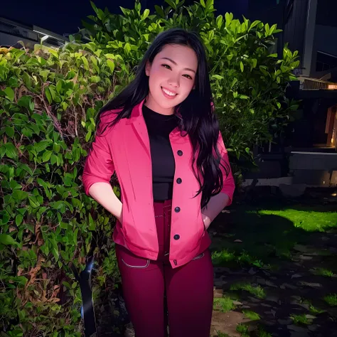 there is a woman standing in front of a bush with a pink jacket, at night time, with glowing lights at night, taken with the best dlsr camera, very very low quality picture, during sunset, photo taken at night, candid picture, taken with a canon dslr camer...