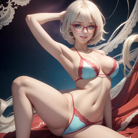 high image, super detail, high resolution, anime, manga, illustration, intelligent beauty, glasses, laugh like a prankster, happy, shy, adult face, make up, ecstatic expression, amorous expression, seductive look, flowing layered messy white glossy medium ...