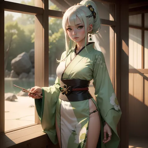 1girl in, yamato_5000, white  hair, Green hair, gradation hair, banya, Wano Style, Ring earrings, ((​masterpiece)), ((top-quality)), ighly detailed, Bloom, kimono, Traditional clothing, depth of fields, Sketched, Dark strong shadows, foco nítido, Soft ligh...