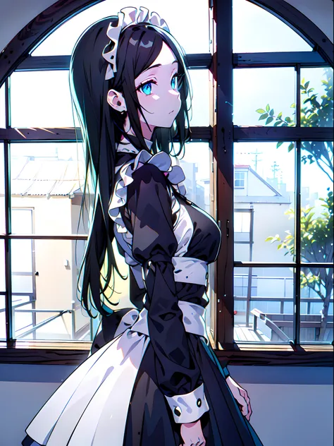 (masterpiece:1.2), (pale skin:1.2), (8k:1.2), (solo:1.2), (female:1.4), (long hair:1.1), (black hair:1.4), (maid outfit:1.3), bare shoulders, headwear, (interior:1.1), (bored:1.3), (from side:1.1), (straight hair:1.1)