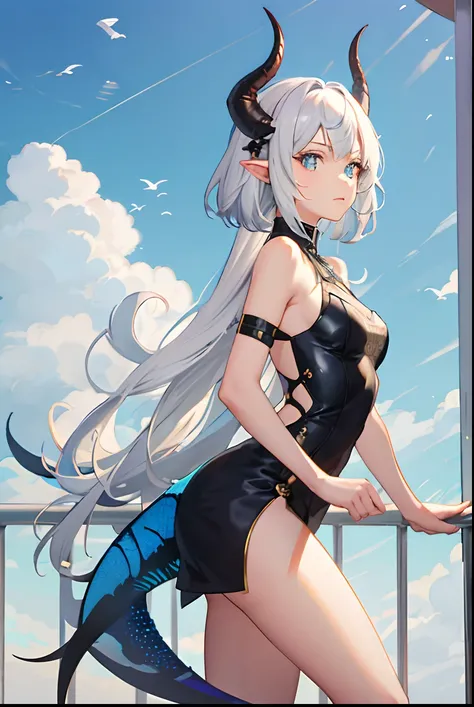 Girl with white hair, There are scales，has horns on its head，The tail is behind