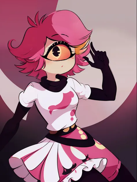 niffty, 1girl,
(originaloutfit), (white shirt, pink skirt, gloves, black tights), cyclops, portrait, perfect anatomy