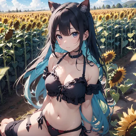 Movie angle、depth of fields、(Look at viewers)、(Right foreground:1)、(Standing photo:1)、
Cat Ears Girl, (独奏),Blue hair,(de pele branca:1), (Curvaceous:1.2), (wide  hips:1.1), Cat-eared girl,
(Sunflower field background)、(Sunflower field background:1.4)、Sunfl...