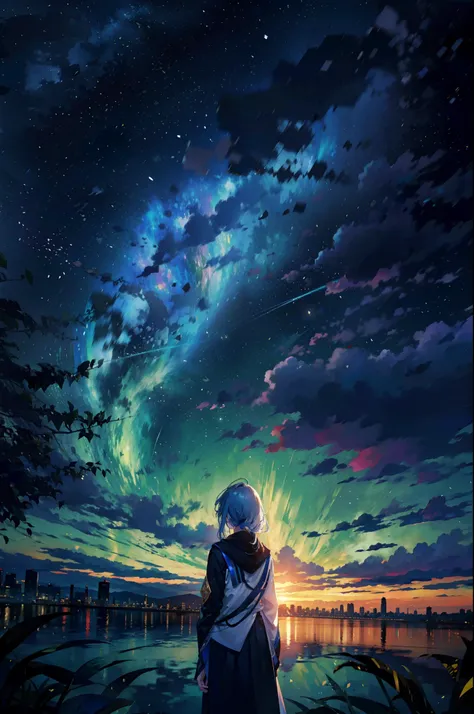 1boys，Gaze at the stars，octane，Skysky，As estrelas（Skysky），scenecy，starrysky，the night，1girll，nigh sky，独奏，exteriors，buliding，​​clouds，galactic，sitted，The tree，Long hair，城市，siluette，view over city，8k，wallpaper hd