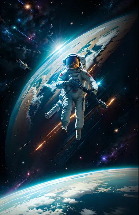 (top-quality，8k，tmasterpiece)An astronaut in space，holding handgun，Back to the space station，Do the shooting action