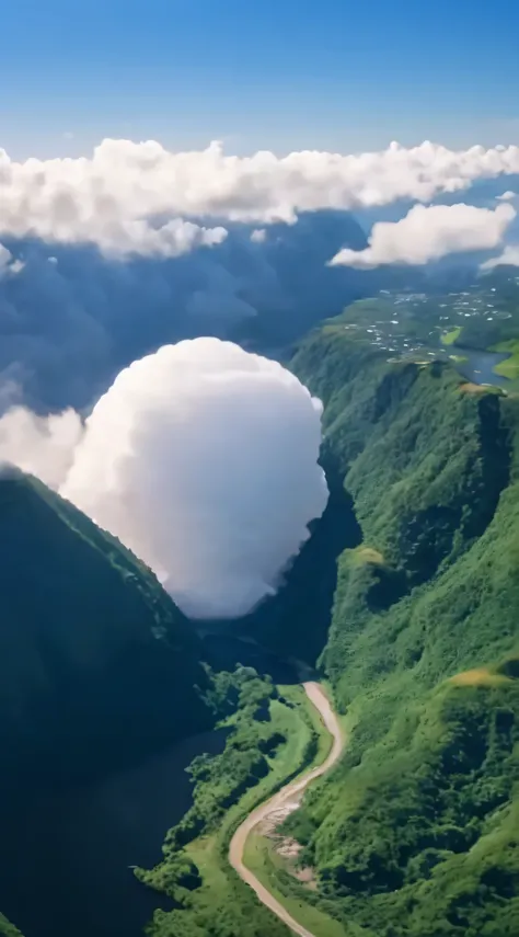 There is a cloud floating over the valley, giant clouds, massive clouds, massive clouds, voluminous clouds, cloud in the shape of a dragon, an island floating in the air, fat cloud, giant cumulonimbus cloud, a dragon made of clouds, Image source: NASA NAT ...