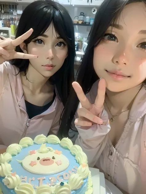 JPG, Pixar style, high quality,girl,unique, cute and beautiful, super detail,sweet smile8k impressive style --ar two lovely girls, holding cakes, pose for photos than scissors hands  3:4