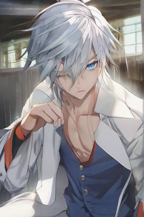 blue color eyes, male people, Little boy, Large clothes, shoun, slit pupils, silver hair, streaked hair, long hair, slit pupils, expressionless, side swept bangs, asymmetrical hair, anime style, anime, anime style, ray tracing, tachi-e, panorama, UHD