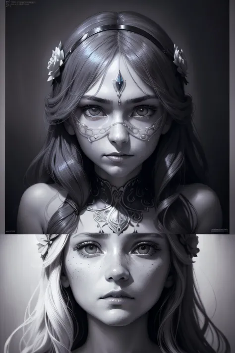 Surrealist portraits of women by David Hockney and Alphonse Mucha，Fantasyart，photographrealistic，动态照明，art  stations，poster for，Volumetriclighting，Very detailed faces，4 k，Award-Awarded，，1girll，in the darkness nigth，deep shading，low tune，Head up