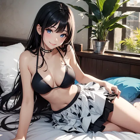 1girl, long black hair, blue eyes, wearing bikini, skirt, lying in bed, cute smile --auto --s2