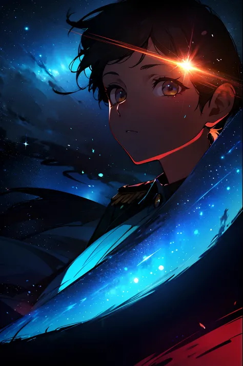 dynamic viewing angle，（The boy in military uniform stared at the starry sky：1.4），（Lateral face：1.4），Shining starry sky，in style of hayao miyazaki，Perfect quality，Clear focus， （tmasterpiece：1.2）， （realisticlying：1.2） ，（Bokeh：0.5）， （best qualtiy）， （complexde...