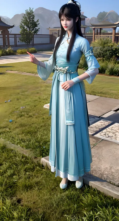 Araki in a blue and white dress stands on the grass, full-body xianxia, Inspired by Lan Ying, Inspired by Qiu Ying, inspired by Du Qiong, inspired by Li Mei-shu, Inspired by Li Tang, inspired by Leng Mei, Palace ， A girl in Hanfu, Chinese costume, heise ji...