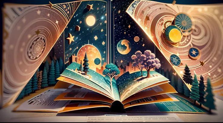 （popup book：1.5），（Starry sky view），（plethora of colors，Best quality，detail detail，tmasterpiece，folk art，Cinematic lighting effects，4K，Chiaroscuro）