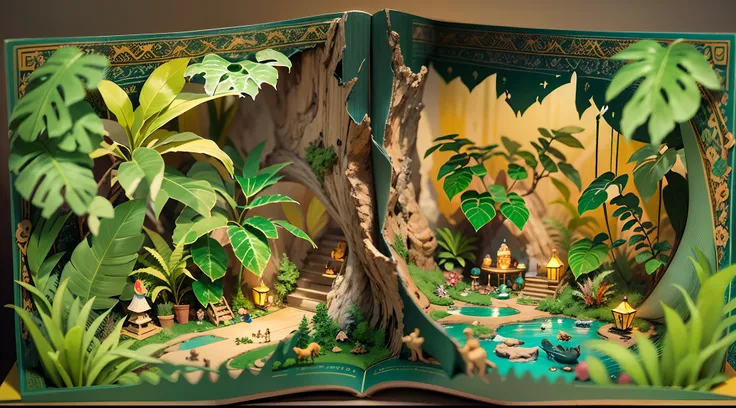 （popup book：1.5），（Jungle adventure），（plethora of colors，Best quality，detail detail，tmasterpiece，folk art，Cinematic lighting effects，4K，Chiaroscuro）