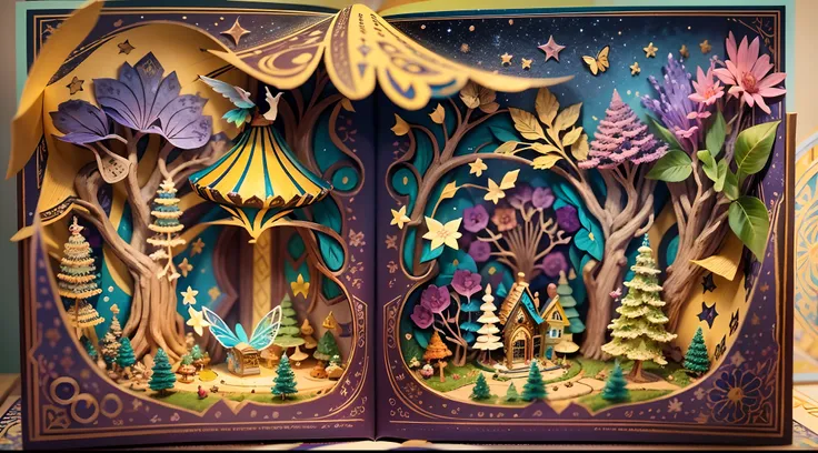 （popup book：1.5），（a fairy world），（plethora of colors，Best quality，detail detail，tmasterpiece，folk art，Cinematic lighting effects，4K，Chiaroscuro）