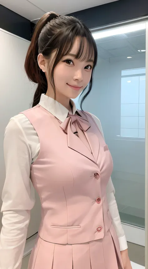 ​masterpiece、8K、Photorealsitic、cute little、25-years old、女の子1人、Mature neat woman、Beautiful female colleague、Idol、gravure model、（Double Button Pale Pink Vest）、（pale pink skirt）、Long sleeve blouse、skintight、（Official uniforms for female office workers）、the bo...