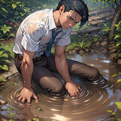 （1 Adult male），A high resolution， Sharp focus， Pixiv masterpiece， （（Complicated details））， highly  detailed， natsuki_subaru， 1 man，Lying in the mud， Nervous，full bodyesbian， Golden eyes（eyes glowing）， Short blue hair，white  shirt，Wear a tie，Wear a belt，per...