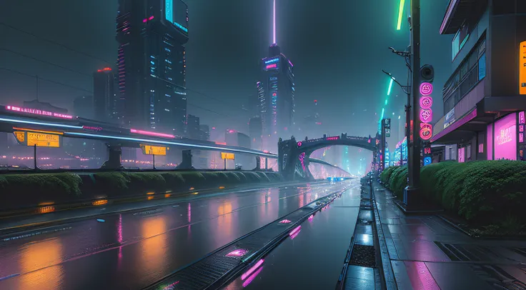 ((masterpiece)),((best quality)),((high detial)),((realistic,)) future, cyberpunk,, Bridges, rainy Night, Neon, japan architecture flying transport new fashion , Neo Tokyo futurisctic city future, cyberpunk 2077