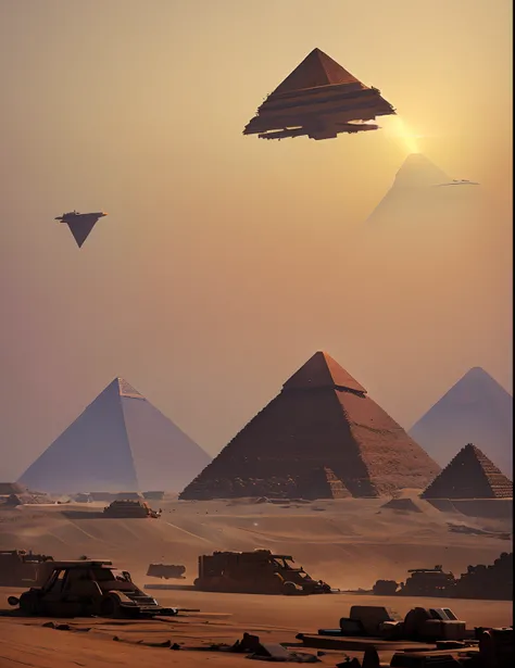 Egyptian pyramids taking off with thrusters at their base,greg rutkowski