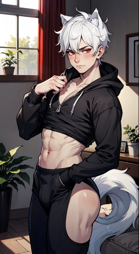 ((((((1boy)))))), fluffy white hair, wolf ears, wolf tail, slim figure, ((pale skin)), RED eyes, dead expression, living room setting, seductive smug, baggy black hoodie, lean figure, big thighs, very slim waist, extremely big butt, bulge, thigh highs, blu...