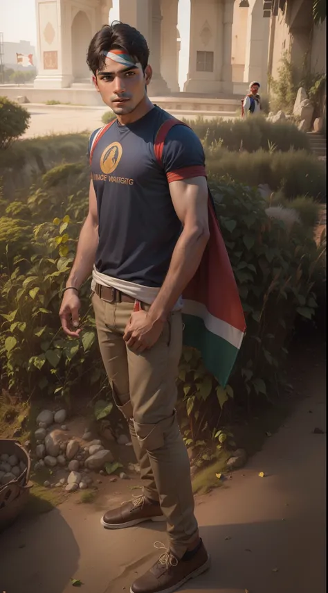 Change the background, make a 25 years old young boy , holding an Indian flag in hand, realistic face 8k ultra realistic.