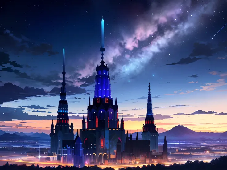 towers of god, blue towers, violet, blue, red, god, red sky, violet sky, starry sky, stars, starry towers, starry god, light blue, civilization, order, apocalypse