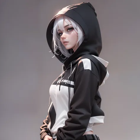 there is a woman in a black and white outfit posing, a 3D render inspired by Sakai Hōitsu, tumblr, digital art, photorealistic anime girl render, in clothes! highly detailed, cyberpunk anime girl in hoodie, realistic clothing, realistically rendered clothi...