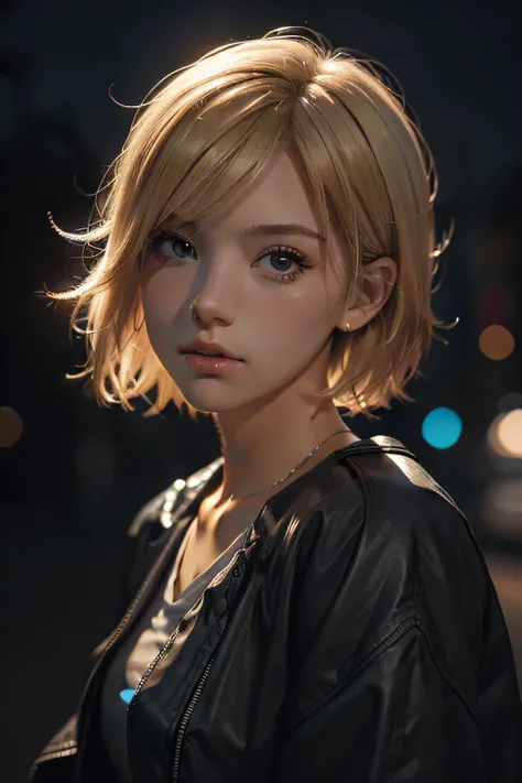 Short blonde hair，the night，A girl，deep shading，cold light，low tune，in the darkness nigth，RAW photogr，best qualtiy，tmasterpiece，Ultra-high resolution，Realistic1.5