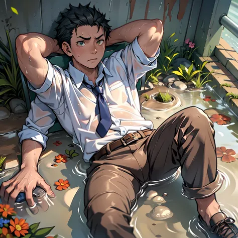 （1 Adult male），A high resolution， Sharp focus， Pixiv masterpiece， （（Complicated details））， highly  detailed， natsuki_subaru， 1 man，Lying in the mud， Nervous，full bodyesbian， Golden eyes（eyes glowing）， Short blue hair，white  shirt，Wear a tie，Wear a belt，per...