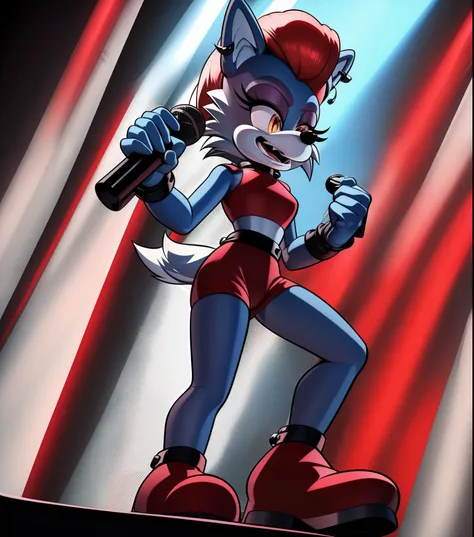 "roxanne wolf as a sonic character, roxanne on stage, rocking a vibrant red outfit, perfectly positioned single tail, confidentl...