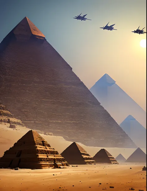 Egyptian pyramids taking off with thrusters at their base,greg rutkowski