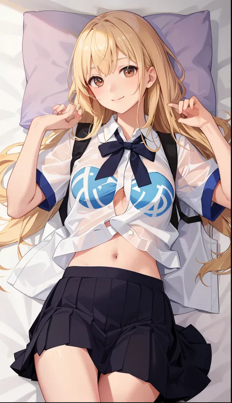 1girl in、A smile、The shirt、skirt by the、（small tits）Chilarism、Japan High School Student Uniform、serafuku、summer clothing、（Sheer Bra）、Upper body portrait、blonde  hair、s asleep、Sleeping in large letters、