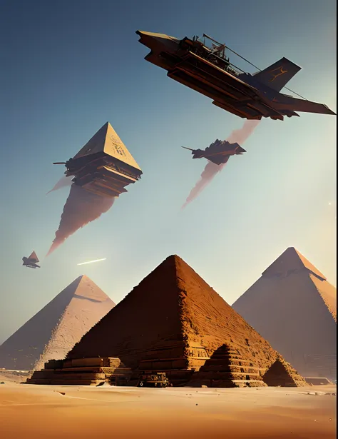 Egyptian pyramids taking off with thrusters at their base,greg rutkowski