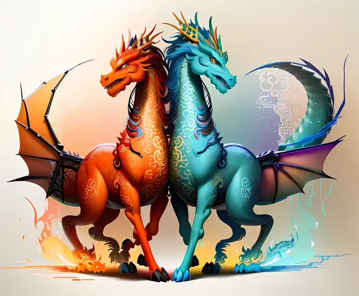 Brightly colored horses with a long tail and a tail with a long tail..., Mythical Creatures, chinese dragon concept art, smooth chinese dragon, cyan chinese dragon fantasy, Mythical Creatures, Fantasy Creatures, Rainbow Fluffy Dragon, Digital paintings of ...