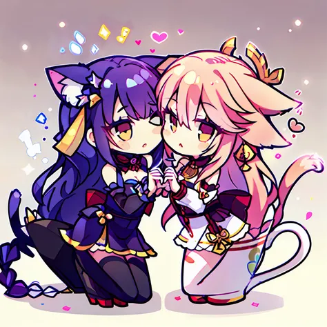 2girls,chibi,cat ears, kiss,yuri, coffee cup,symmetrical pose, tail, head rub, in cup,speak heart,