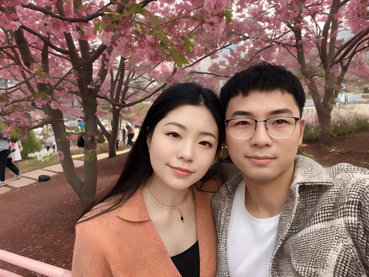 They pose for photos under the cherry blossom trees, Ruan Jia and Fenghua Zhong, 8k selfie photograph, cute couple, Middle metaverse, sakura season, wenfei ye, under a sakura tree, 🤬 🤮 💕 🎀, 🚿🗝📝, photo taken with canon 5d, steve zheng