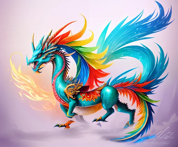 Brightly colored horses with a long tail and a tail with a long tail.., Mythical Creatures, chinese dragon concept art, smooth chinese dragon, cyan chinese dragon fantasy, Mythical Creatures, Fantasy Creatures, Rainbow Fluffy Dragon, Digital paintings of Q...