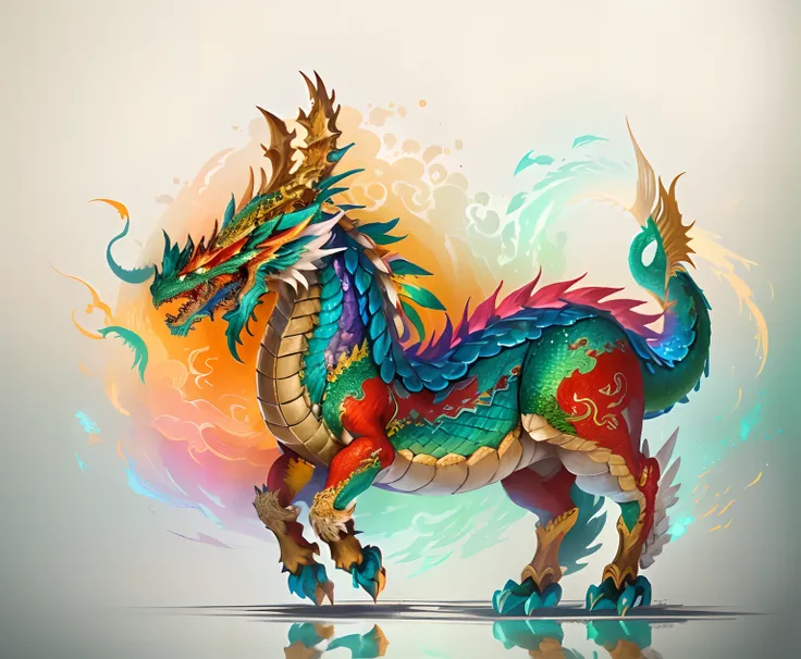 Brightly colored horses with a long tail and a tail with a long tail., Mythical Creatures, chinese dragon concept art, smooth chinese dragon, cyan chinese dragon fantasy, Mythical creatures, Fantasy Creatures, Rainbow Fluffy Dragon, Digital paintings of Qu...