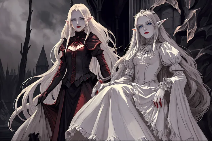 a picture of vampire elf in her castle, an exquisite beautiful female vampire elf standing under the night sky , full body (ultra detailed, Masterpiece, best quality), ultra detailed face (ultra detailed, Masterpiece, best quality), grey skin, blond hair, ...