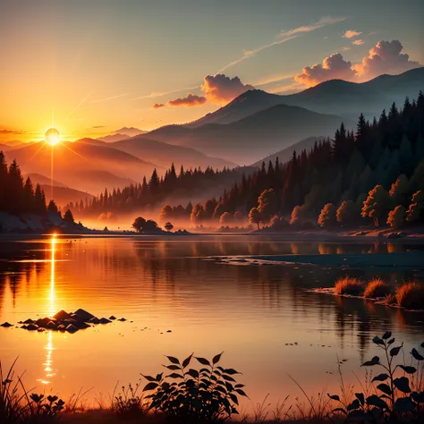 an image that depicts a radiant sunrise over a tranquil and serene landscape