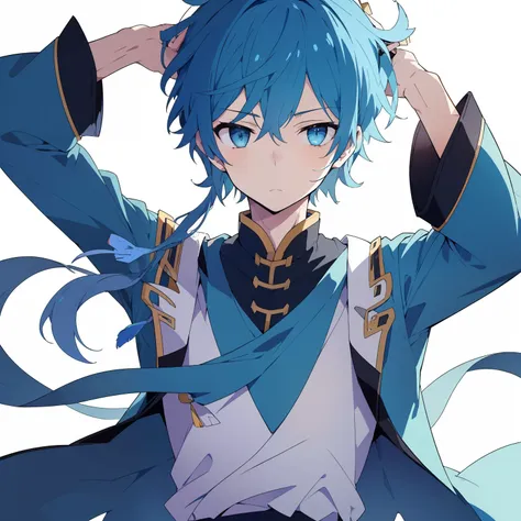 1 persons)(((Best quality))),(((Ultra detailed))),(((Masterpiece))),illustration, Libido boy，Blue hair, Sad expression, Traditional Chinese clothing, Palace"