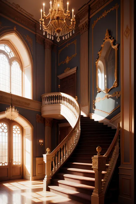 glamorous castle room, beatiful stairs at middle