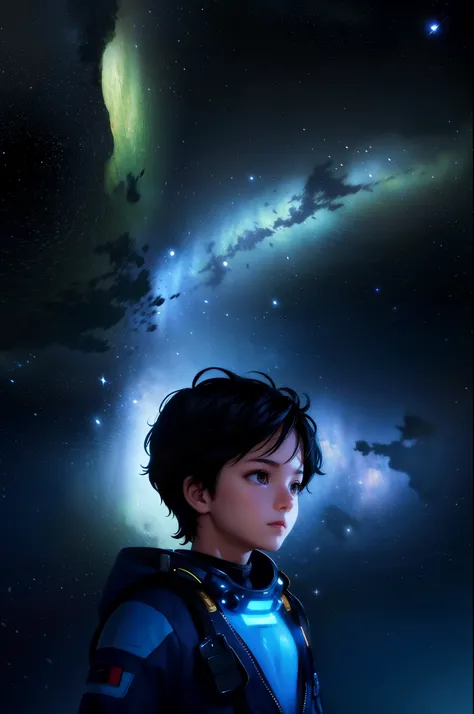 （The boy in the spacesuit starzes at the starry sky：1.4，closeup cleavage），（Lateral face：1.4），closeup cleavage，Shining starry sky，in style of hayao miyazaki，Perfect quality，Clear focus， （tmasterpiece：1.2）， （realisticlying：1.2） ，（Bokeh：0.5）， （best qualtiy）， ...