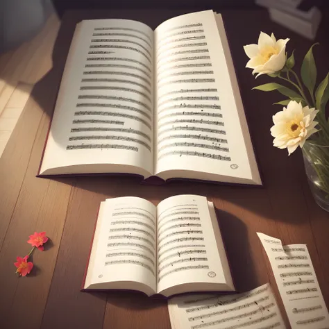 Realistic photo of book opening and between pages musical notes and flowers are flying