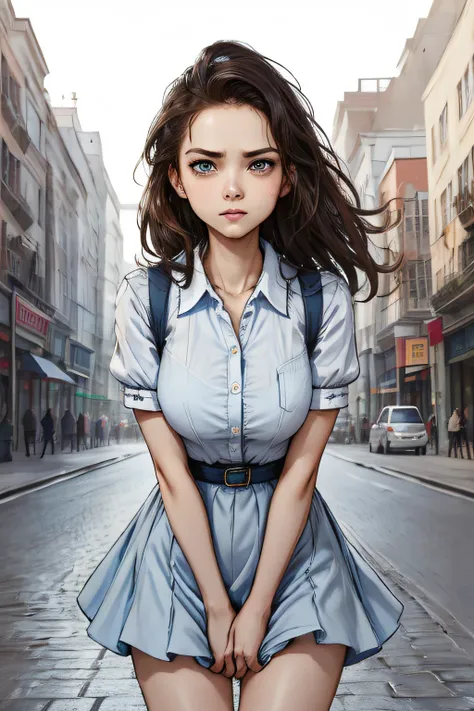 tmasterpiece，highest image quality，super-fine，a girl，white  shirt，blue dress，beautiful countenance，streets background，a confiden...